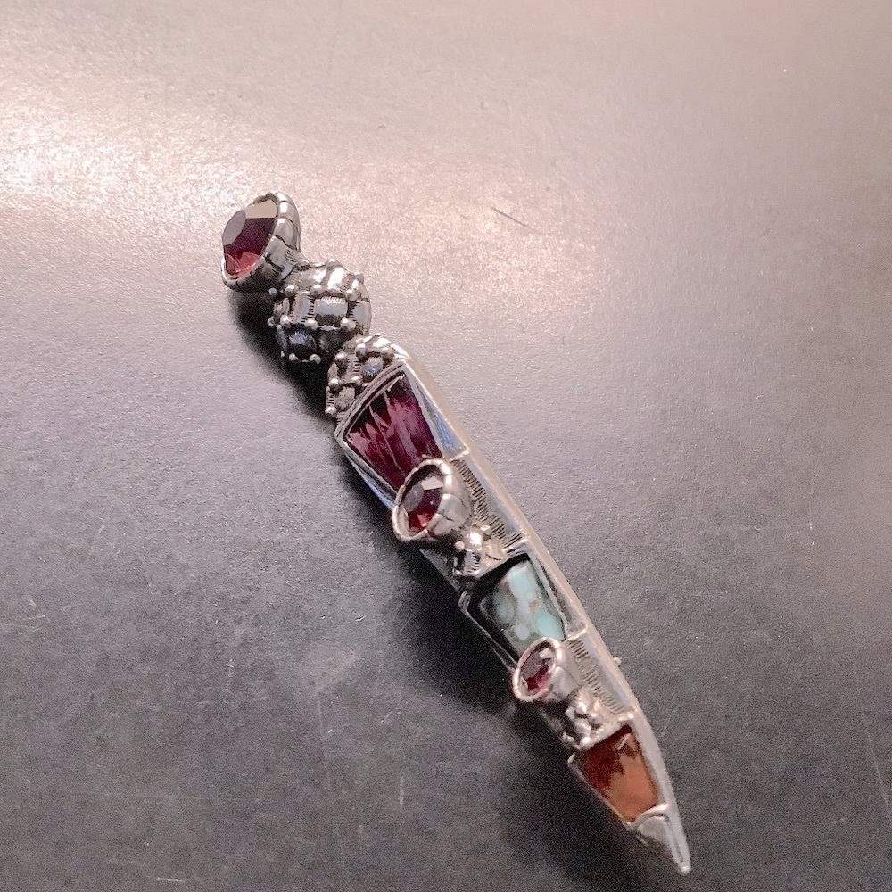 Irish Brooch /Unusual design with multi color gem stones on heavy metal.